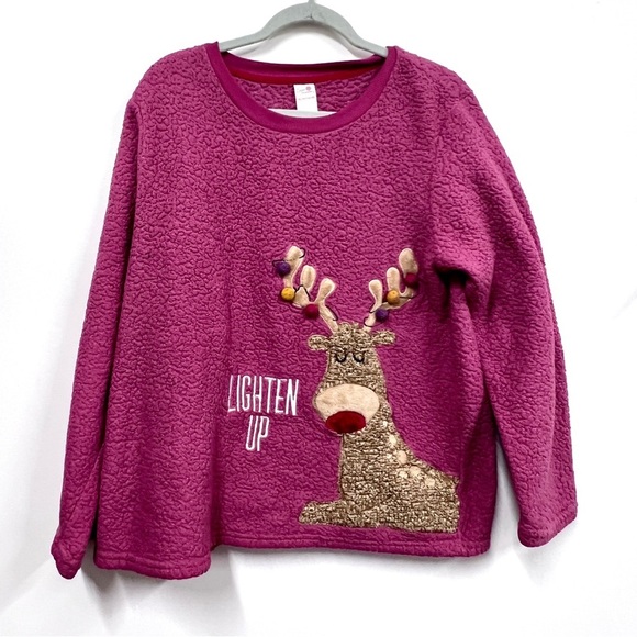 Secret Treasures Tops - Purple Christmas Reindeer Teddy Bear Fleece Sweatshirt Size XL Secret Treasures
